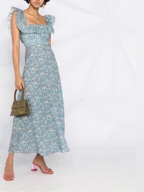Zimmermann Carnaby Ruffle Floral Linen Blue Maxi Dress- Zim Size 1= US 4/6